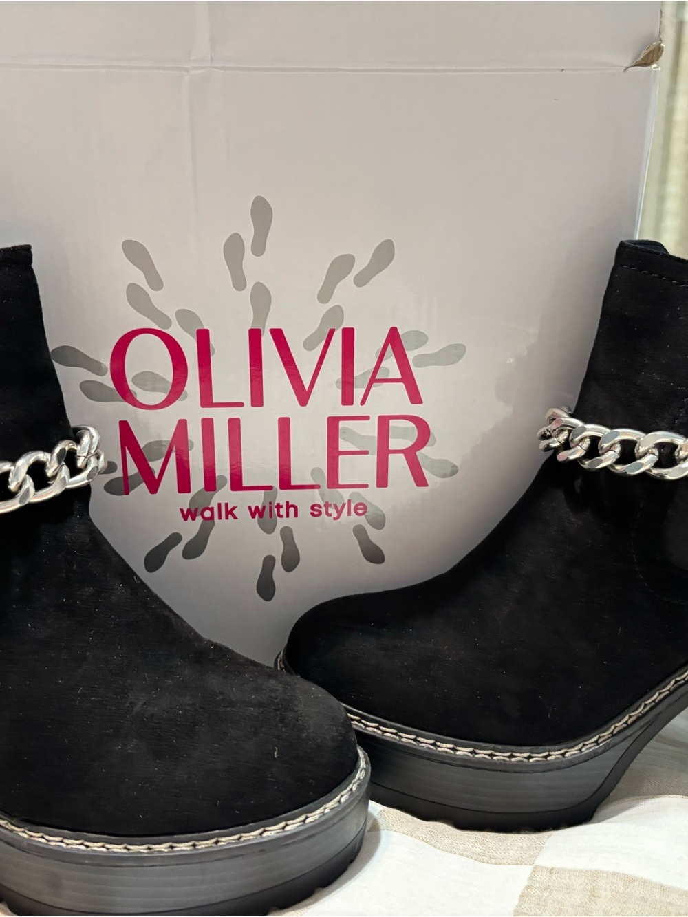 Olivia Miller Women's Black Suede Chain-Trim Platform Ankle Boots